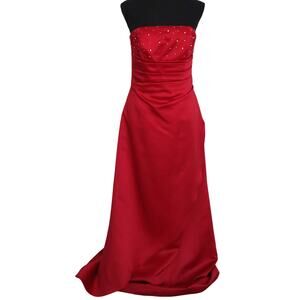 Vintage Y2K Forever Yours Wine Red Dress Ruched Strapless Rhinestone Satin 8